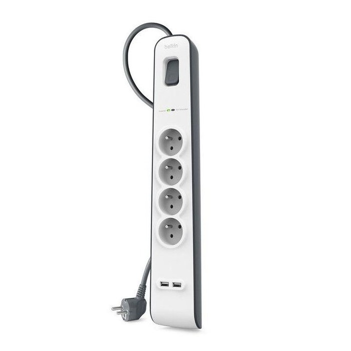 Belkin Regleta de Protección contra Sobretensiones con 4 Tomas y 2 Puertos USB, Cable 2m, Blanco/Gris Belkin Regleta de Protección contra Sobretensiones con 4 Tomas y 2 Puertos USB, Cable 2m, Blanco/Gris