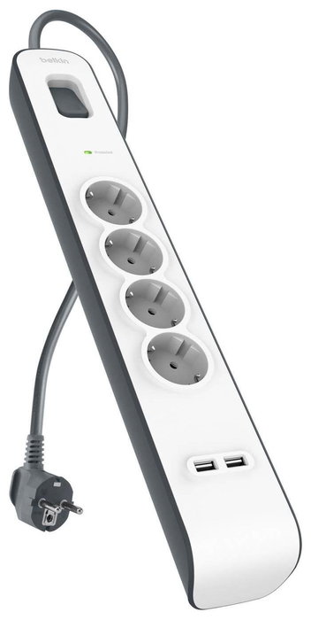 Belkin Regleta de Protección contra Sobretensiones con 4 Tomas y 2 Puertos USB, Cable 2m, Blanco/Gris Belkin Regleta de Protección contra Sobretensiones con 4 Tomas y 2 Puertos USB, Cable 2m, Blanco/Gris