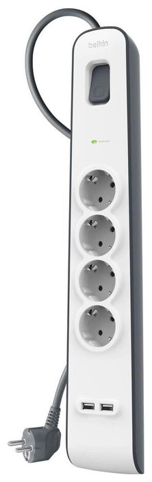 Belkin Regleta de Protección contra Sobretensiones con 4 Tomas y 2 Puertos USB, Cable 2m, Blanco/Gris Belkin Regleta de Protección contra Sobretensiones con 4 Tomas y 2 Puertos USB, Cable 2m, Blanco/Gris