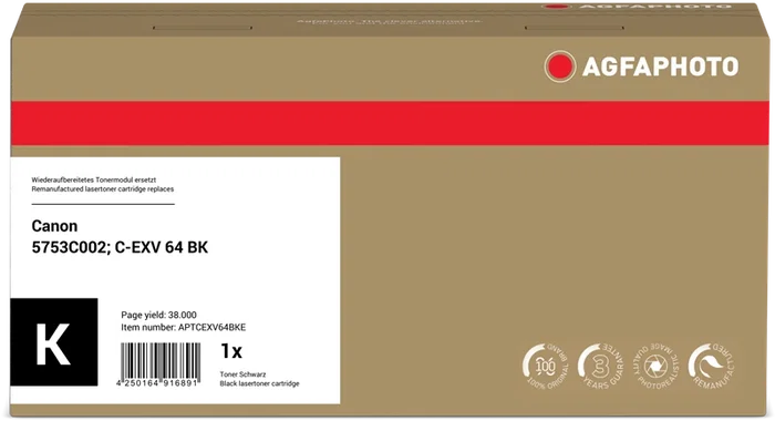 Agfa Photo APTCEXV64BKE Tóner Negro Compatible con Canon C-EXV64bk, 38.000 Páginas Agfa Photo APTCEXV64BKE Tóner Negro Compatible con Canon C-EXV64bk, 38.000 Páginas