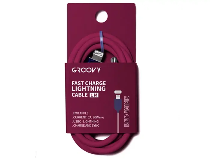GROOVY Cable USB-C a Apple Lightning de alto rendimiento 2,0A, 1 m, Rojo vino GROOVY Cable USB-C a Apple Lightning de alto rendimiento 2,0A, 1 m, Rojo vino