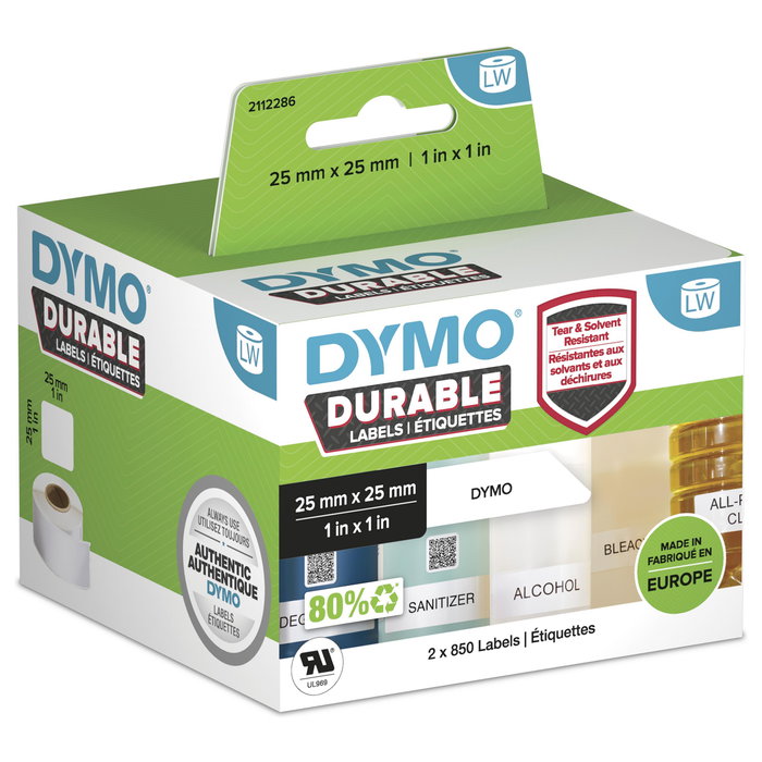Dymo LW Durable Etiquetas 25 x 25 mm, Blanco, 2 Rollos (1700 uds)