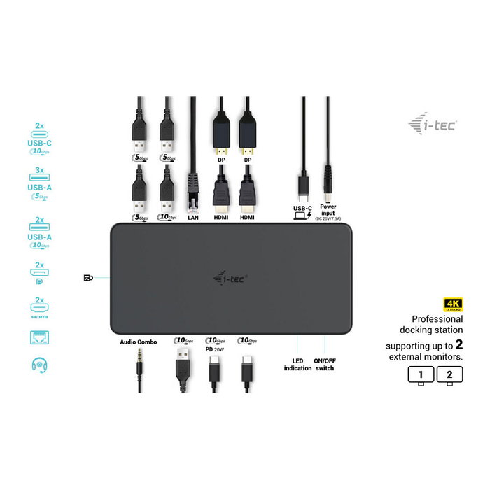 I-TEC Docking Station Thunderbolt 3 USB-C Dual 4K HDMI DisplayPort 100W PD para Laptop - Estación de Acoplamiento Professional Gen 2