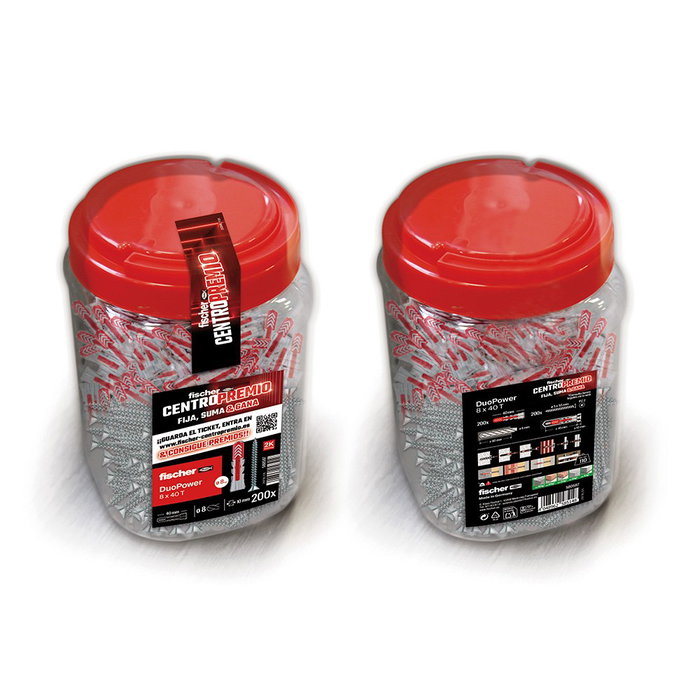 Fischer Duopower S 8x40 mm - Taco y Tornillo Nylon para Todo Material, 110 kg Carga Máx., 200 uds. en Bote Fischer Duopower S 8x40 mm - Taco y Tornillo Nylon para Todo Material, 110 kg Carga Máx., 200 uds. en Bote