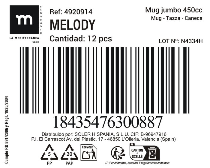 Inde Mug Jumbo 450 cc "Melody" Ø11.7x7.8 cm (36 Unidades)