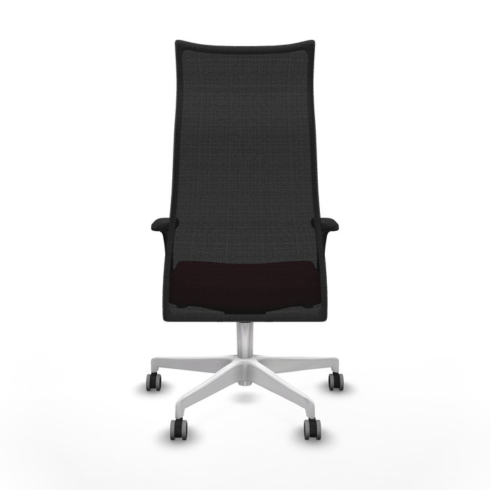 Sillón Albacete con mecanismo Sincro tapizada con Tela color Granate y malla color Negro. Equipado con Base poliamida blanca, Brazos 1D y Ruedas 65 mm parqué