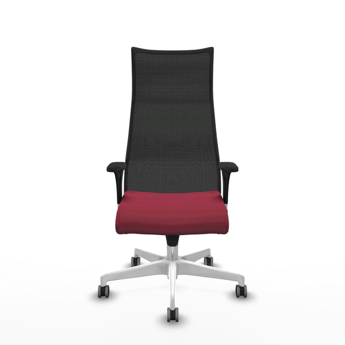 Sillón Albacete con mecanismo Sincro tapizada con Tela color Granate y malla color Negro. Equipado con Base poliamida blanca, Brazos 1D y Ruedas 65 mm parqué