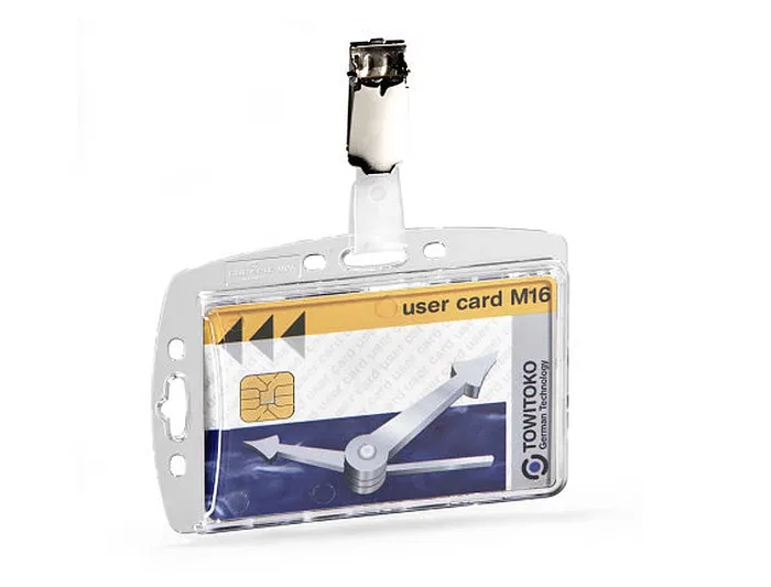 Durable Portaidentificaciones acrílico con pinza giratoria para pases de seguridad, tamaño 54x85 mm, horizontal, transparente