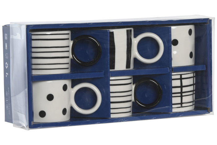 DKD Home Decor Tazas de Café Set de 6 Blanco Negro Porcelana New Bone 12 x 7 x 25 cm 90ml