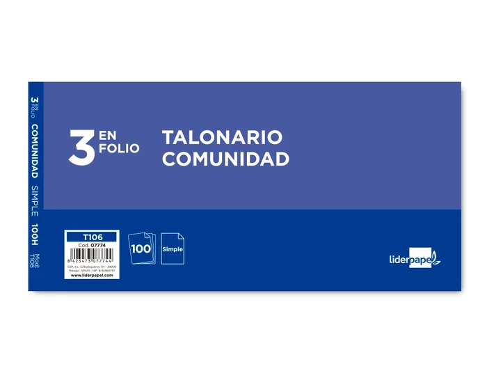 Liderpapel Talonario Comunidad 106 Tres en Folio con IVA Original 205 x 102 mm