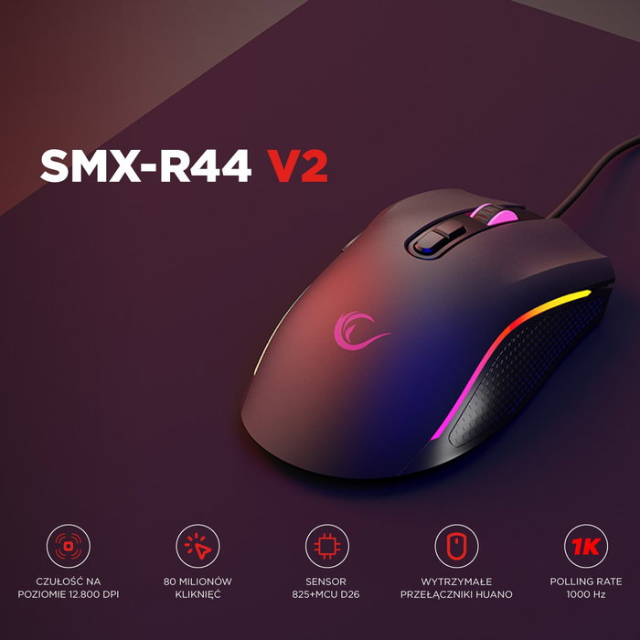 Rampage SMX-R44V2 Ratón Gaming 12800 DPI RGB LED 1kHz HUANO Makro Negro