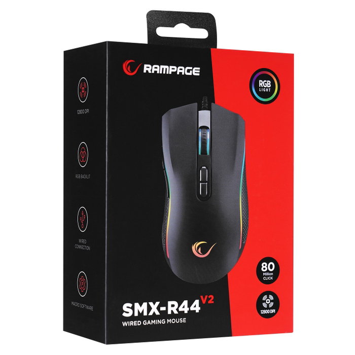 Rampage SMX-R44V2 Ratón Gaming 12800 DPI RGB LED 1kHz HUANO Makro Negro