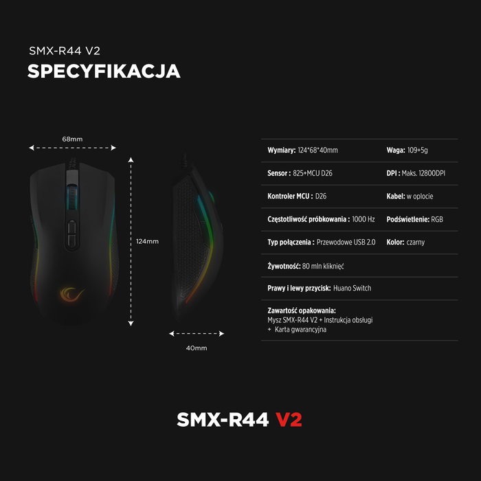 Rampage SMX-R44V2 Ratón Gaming 12800 DPI RGB LED 1kHz HUANO Makro Negro
