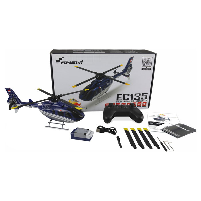 AMEWI The Flying Bulls EC135 PRO Helicóptero a Escala 1:32, RC de 6 Canales, RTF con Motor Brushless, Azul/Gris, para Principiantes 16+