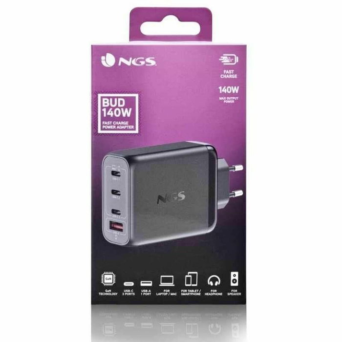 NGS Cargador de Pared GaN 140W con 4 Puertos (3x USB-C y 1x USB-A) - Negro NGS Cargador de Pared GaN 140W con 4 Puertos (3x USB-C y 1x USB-A) - Negro