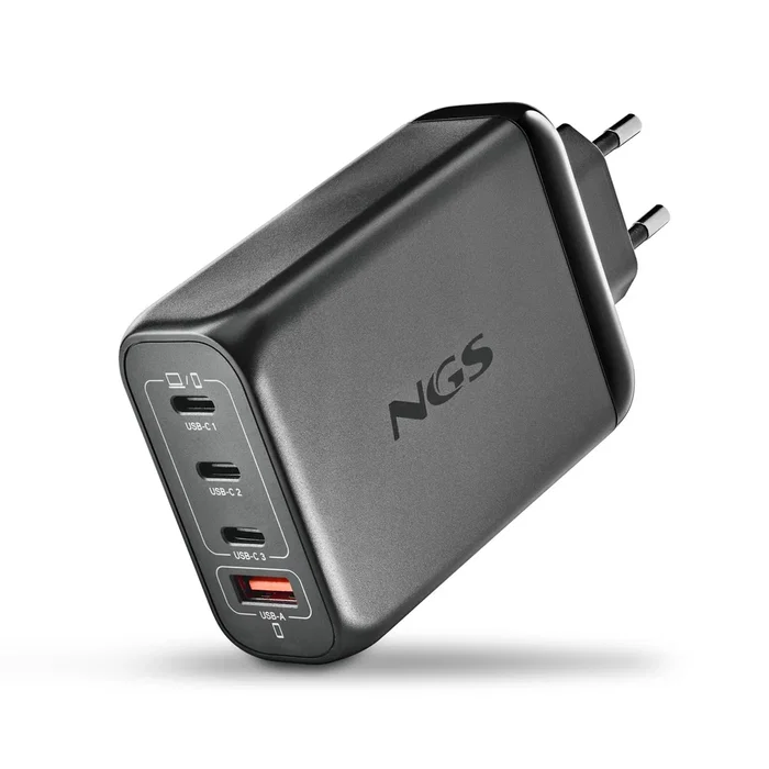 Ngs BUD Cargador Pared GaN 140W Ultra Rápido con 4 Puertos (3 USB-C PD3.1 PPS + 1 USB-A QC3.0), Negro, Universal, para Portátil, Tablet y Smartphone