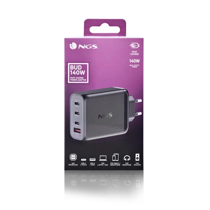 Ngs BUD Cargador Pared GaN 140W Ultra Rápido con 4 Puertos (3 USB-C PD3.1 PPS + 1 USB-A QC3.0), Negro, Universal, para Portátil, Tablet y Smartphone