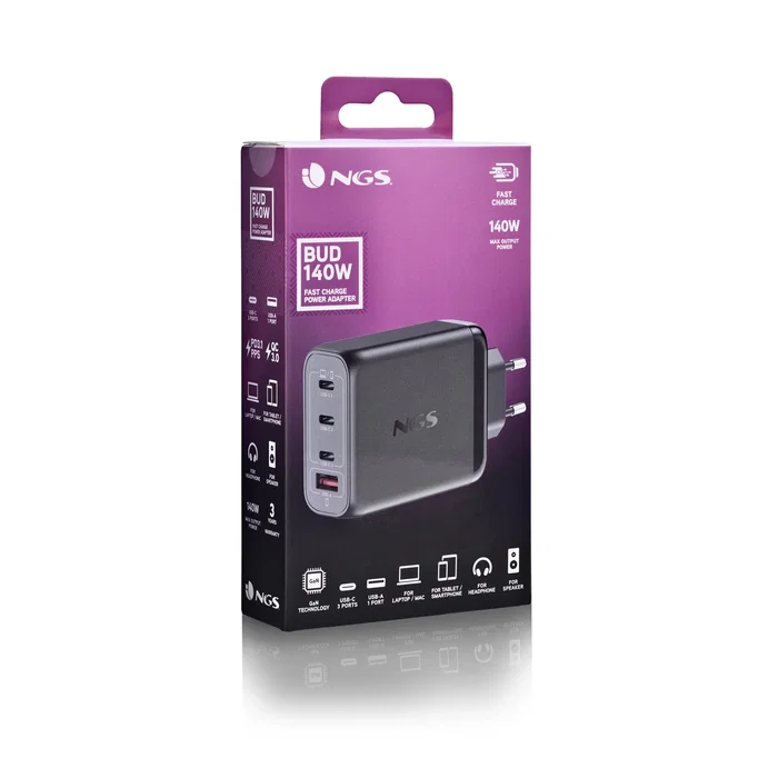 NGS BUD140W Cargador de Pared 140W con 4 Puertos (3 USB-C, 1 USB-A) NGS BUD140W Cargador de Pared 140W con 4 Puertos (3 USB-C, 1 USB-A)