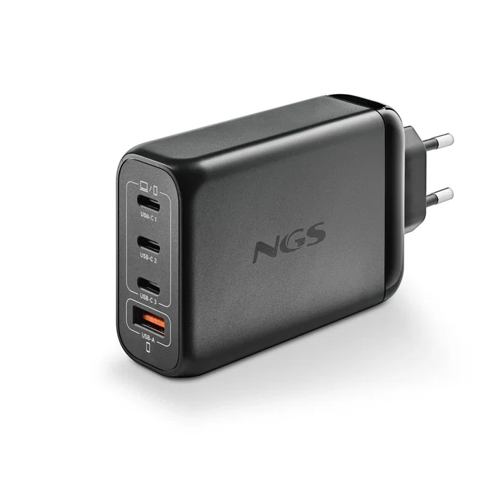 Ngs BUD Cargador Pared GaN 140W Ultra Rápido con 4 Puertos (3 USB-C PD3.1 PPS + 1 USB-A QC3.0), Negro, Universal, para Portátil, Tablet y Smartphone