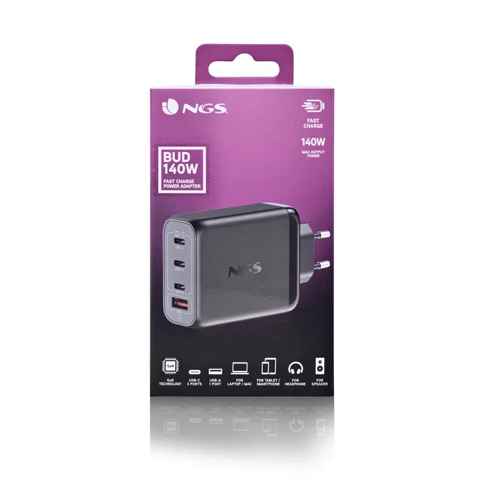 NGS BUD140W Cargador de Pared 140W con 4 Puertos (3 USB-C, 1 USB-A) NGS BUD140W Cargador de Pared 140W con 4 Puertos (3 USB-C, 1 USB-A)