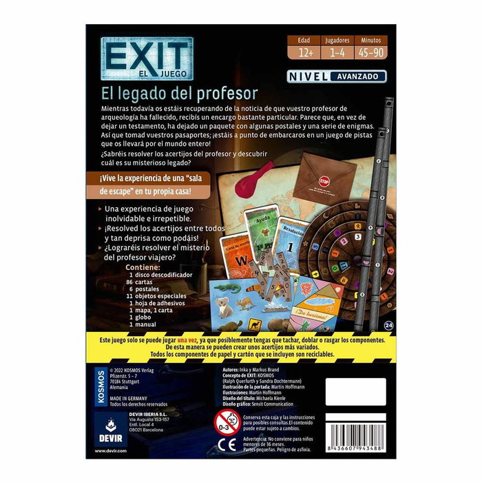 Devir Exit: El Legado del Profesor - Juego de Mesa Escape Room Cooperativo - Español - 1-4 Jugadores, A Partir de 12 Años, Duración 60 Minutos