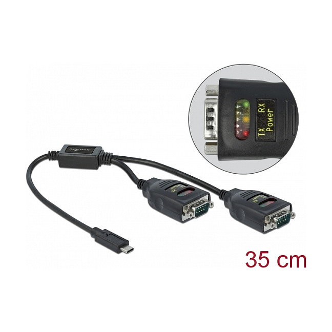DeLOCK Adaptador USB Type-C™ a 2 x Serial RS-232 DB9 con protección ESD de 15 kV