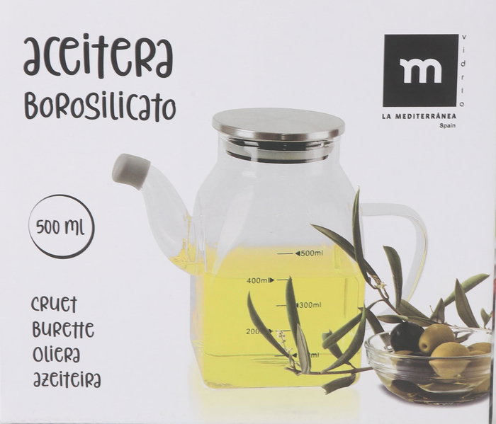 La Mediterranea Aceitera Cuadrada Borosilicato con Tapa de Metal 500 ml (12 Unidades)