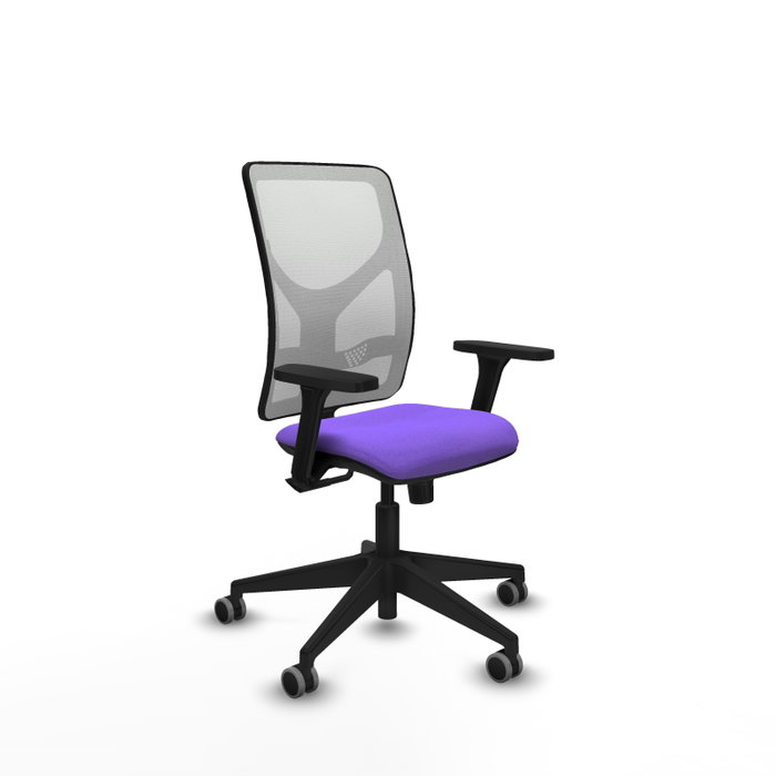 Silla de oficina Motilla con mecanismo Sincro tapizada con Tela color Lila y malla color Blanco. Equipada con lumbar 1D, Brazos 3D y Ruedas 65 mm parqué Silla de oficina Motilla con mecanismo Sincro tapizada con Tela color Lila y malla color Blanco. Equipada con lumbar 1D, Brazos 3D y Ruedas 65 mm parqué
