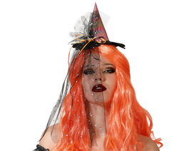 Diadema Sombrero Bruja Metalizado Mujer Adulto con Velo Negro Estrellado y Lazo Naranja