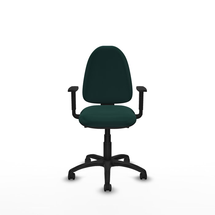 Silla de oficina Aýna con mecanismo Asincro tapizada con Similpiel color Verde botella. Equipada con Base poliamida negra, Brazos 1D y Ruedas de parqué
