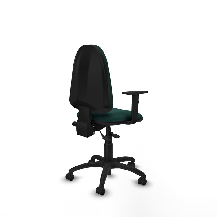 Silla de oficina Aýna con mecanismo Asincro tapizada con Similpiel color Verde botella. Equipada con Base poliamida negra, Brazos 1D y Ruedas de parqué