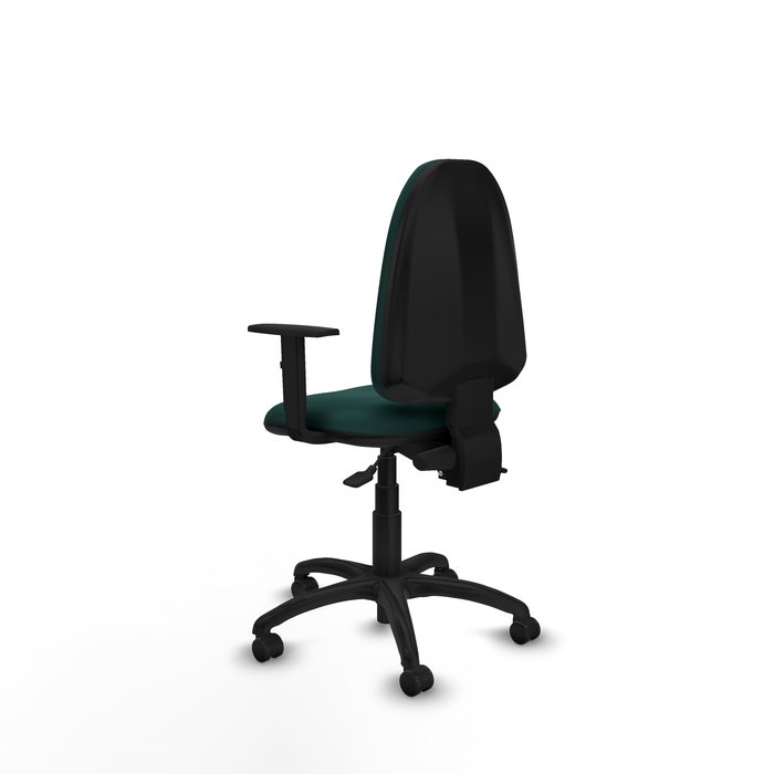 Silla de oficina Aýna con mecanismo Asincro tapizada con Similpiel color Verde botella. Equipada con Base poliamida negra, Brazos 1D y Ruedas de parqué