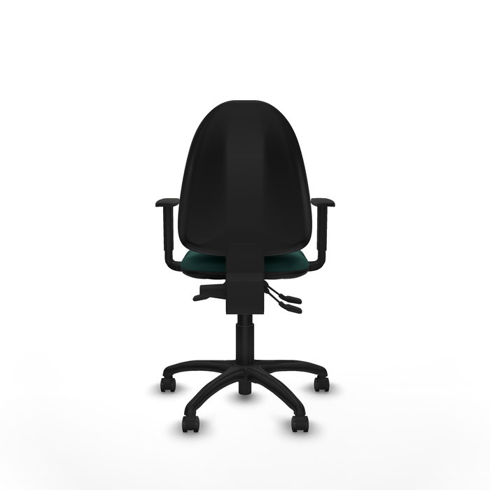 Silla de oficina Aýna con mecanismo Asincro tapizada con Similpiel color Verde botella. Equipada con Base poliamida negra, Brazos 1D y Ruedas de parqué