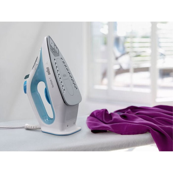 Braun TexStyle 1 SI1050BL Plancha a vapor Suela de cerámica 2000 W Azul, Blanco