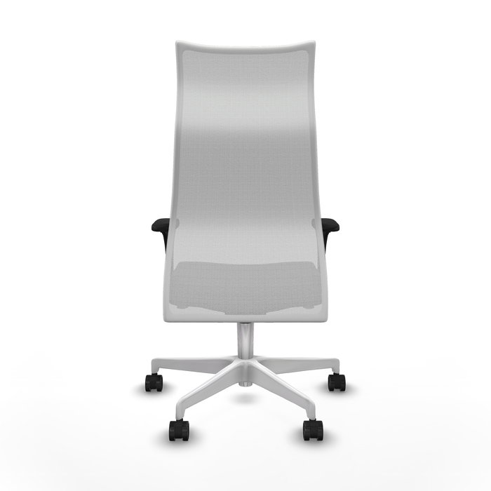 Sillón Albacete con mecanismo Sincro tapizada con Similpiel color Gris oscuro y malla color Blanco. Equipado con Base poliamida blanca, Brazos 1D y Ruedas 65mm nailon