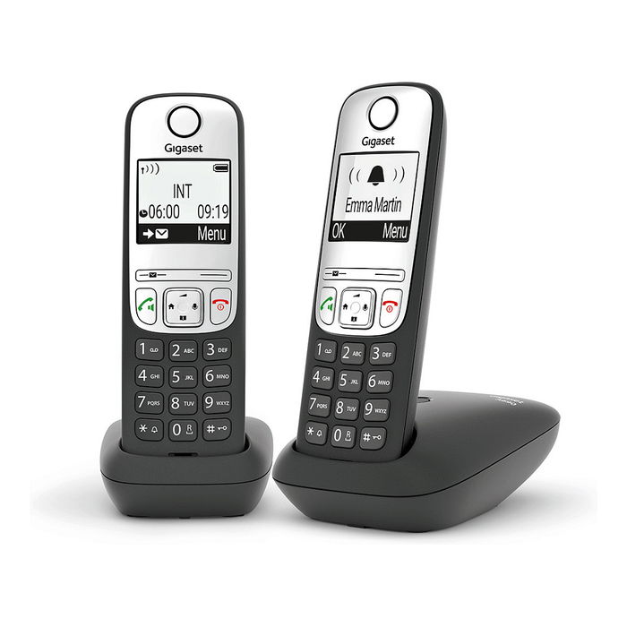 Gigaset A690A DUO Teléfono Inalámbrico DECT/analógico con Contestador Automático, Altavoz, Identificador de Llamadas, 100 Entradas Negro/Plata