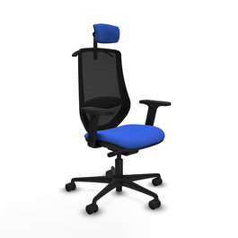 Silla de oficina Mardos con mecanismo Sincro/Traslack tapizada con Tela color Azul y malla color Negro. Equipada con lumbar 1D, Brazos 2D, Cabecero 2D y Ruedas 65mm nailon