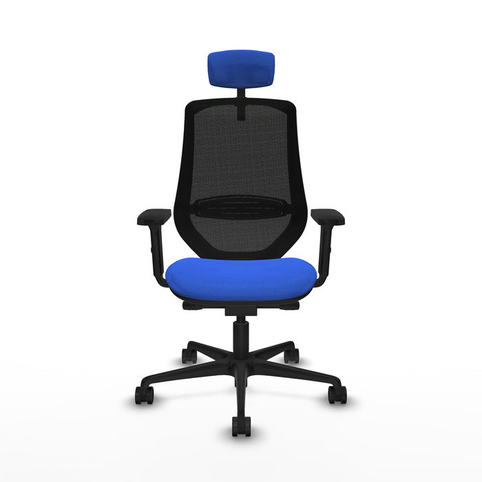 Silla de oficina Mardos con mecanismo Sincro/Traslack tapizada con Tela color Azul y malla color Negro. Equipada con lumbar 1D, Brazos 2D, Cabecero 2D y Ruedas 65mm nailon