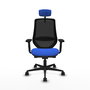 Silla de oficina Mardos con mecanismo Sincro/Traslack tapizada con Tela color Azul y malla color Negro. Equipada con lumbar 1D, Brazos 2D, Cabecero 2D y Ruedas 65mm nailon