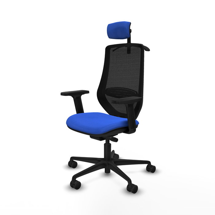 Silla de oficina Mardos con mecanismo Sincro/Traslack tapizada con Tela color Azul y malla color Negro. Equipada con lumbar 1D, Brazos 2D, Cabecero 2D y Ruedas 65mm nailon