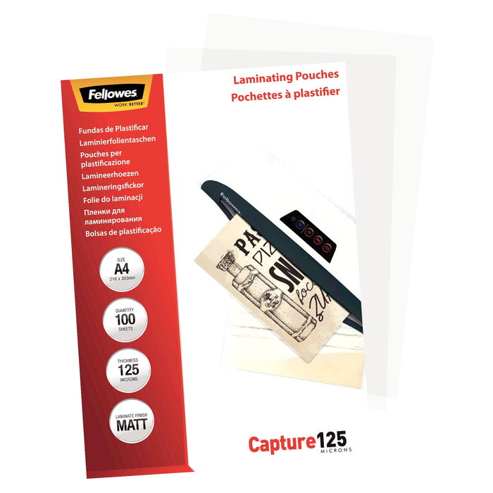 Fellowes Fundas de plastificar Capture A4 mate 125 micras, pack 100 Fellowes Fundas de plastificar Capture A4 mate 125 micras, pack 100