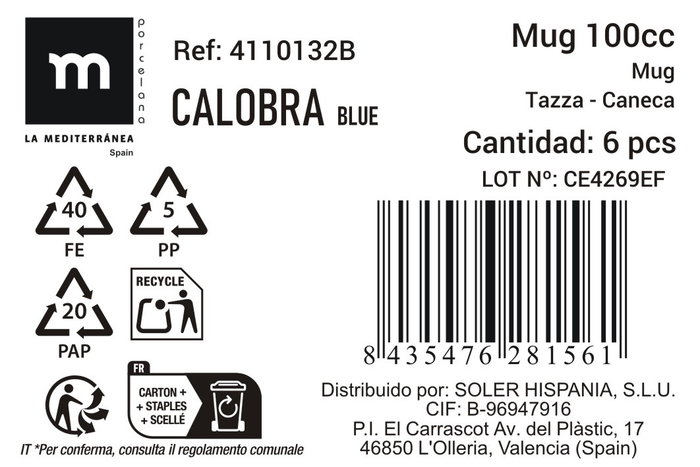 La Mediterranea Mug Calobra 100 cc Azul 6.3 cm x 6.8 cm x 9 cm (36 Unidades)