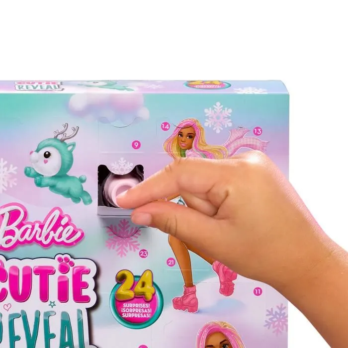 Barbie Calendario de Adviento Cutie Reveal con 1 muñeca y 24 sorpresas, 3 looks, 4 animales y accesorios