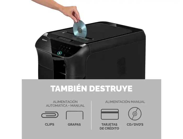 Fellowes 450c Destructora de Documentos Automática, Capacidad 450 Hojas, Corte Partículas P-4, Papelera 68L, Smart Lock