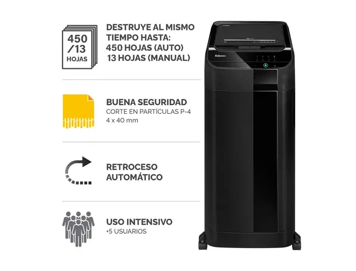 Fellowes 450c Destructora de Documentos Automática, Capacidad 450 Hojas, Corte Partículas P-4, Papelera 68L, Smart Lock