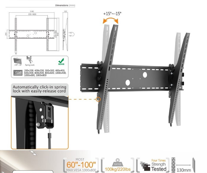 Equip Soporte Pared VESA 650322 para Pantallas 60" a 100" (254 cm), Hasta 100 kg, Inclinación -15°/+15°, Montaje Múltiple VESA, Negro Equip Soporte Pared VESA 650322 para Pantallas 60" a 100" (254 cm), Hasta 100 kg, Inclinación -15°/+15°, Montaje Múltiple VESA, Negro