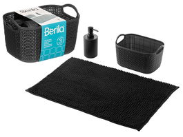 Berilo Set 3 Piezas para Baño Negro - Alfombrilla, Cesta y Dispensador en PP - Alfombrilla 38x58 cm, Cesta 23.7x16x14 cm (Set de 12)