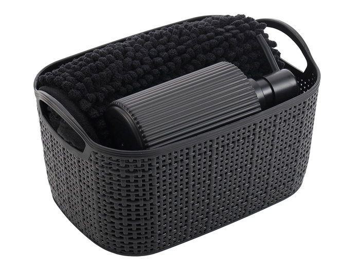 Berilo Set 3 Piezas para Baño Negro - Alfombrilla, Cesta y Dispensador en PP - Alfombrilla 38x58 cm, Cesta 23.7x16x14 cm (Set de 12)