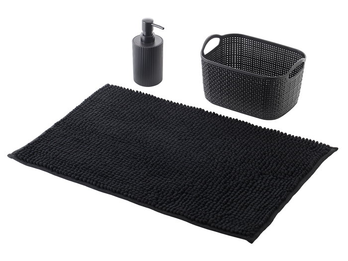 Berilo Set 3 Piezas para Baño Negro - Alfombrilla, Cesta y Dispensador en PP - Alfombrilla 38x58 cm, Cesta 23.7x16x14 cm (Set de 12)