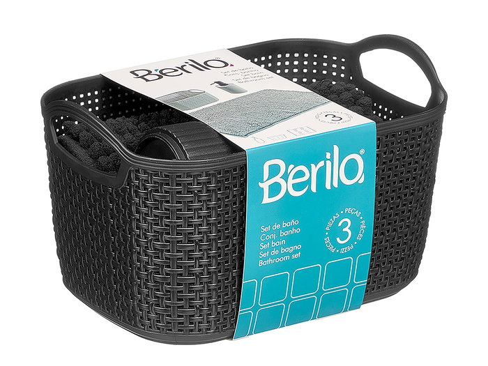 Berilo Set 3 Piezas para Baño Negro - Alfombrilla, Cesta y Dispensador en PP - Alfombrilla 38x58 cm, Cesta 23.7x16x14 cm (Set de 12)